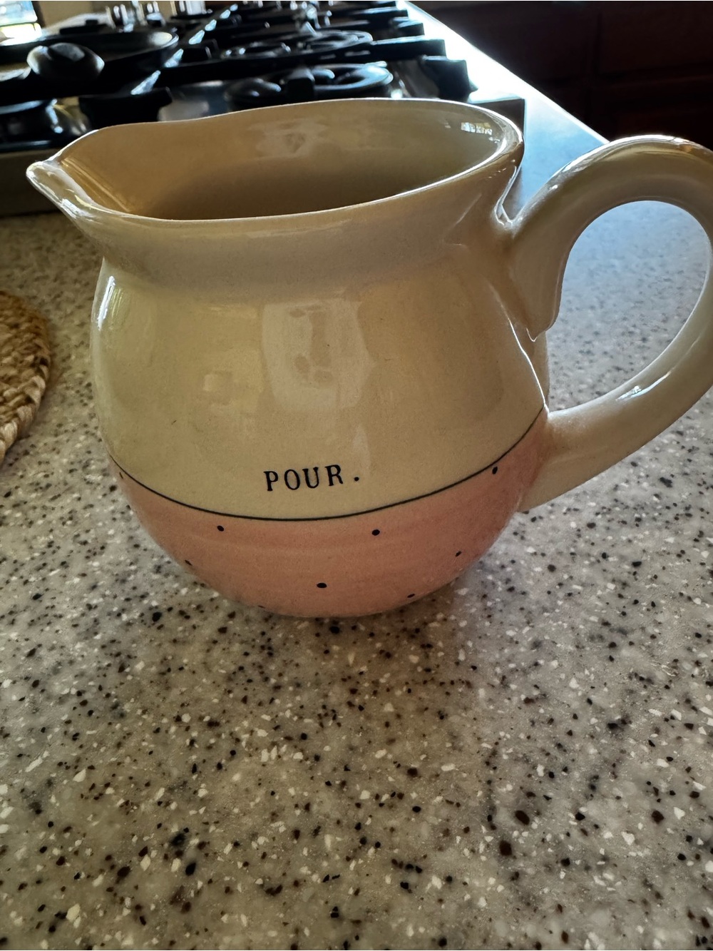 Rae Dunn Cream and Blush Ceramic Pitcher - "POUR."